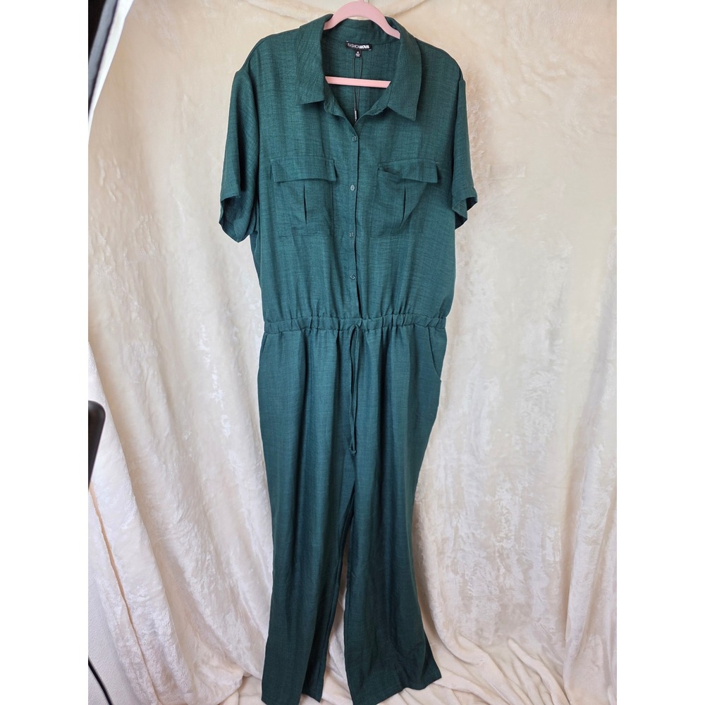 Fashion Nova Come Find Me Linen Jumpsuit Hunter Green 3X Plus Short Sleeve